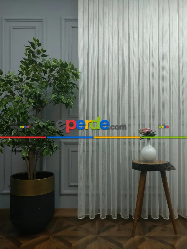 Salon Tül Perde - 2021 Sezonu - Çizgili Düz Tül Perde - Çelik Tül - Ütü İstemez- Ekru