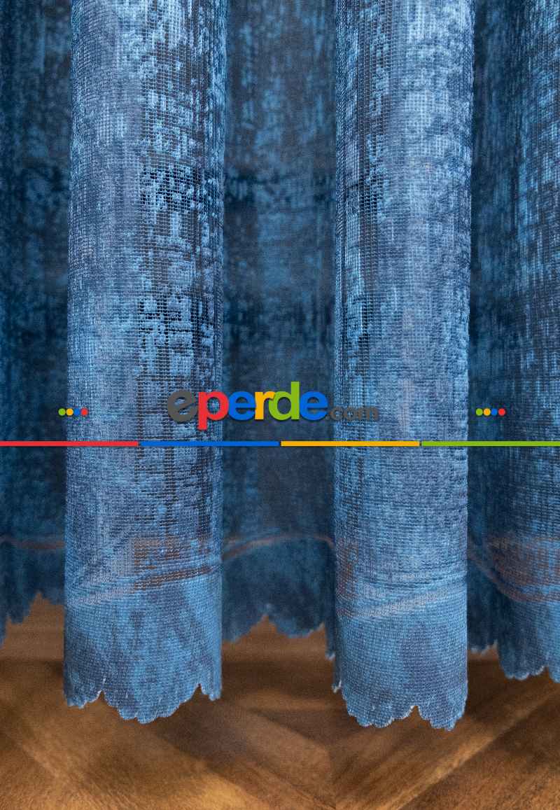 Modern Hardal Ve Mavi Desenli Degrade Geçişli Örme Tül Perde Yüksek Kalite