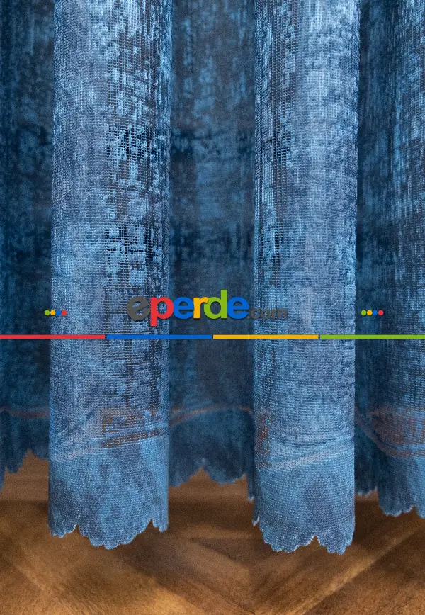 Modern Hardal Ve Mavi Desenli Degrade Geçişli Örme Tül Perde Yüksek Kalite