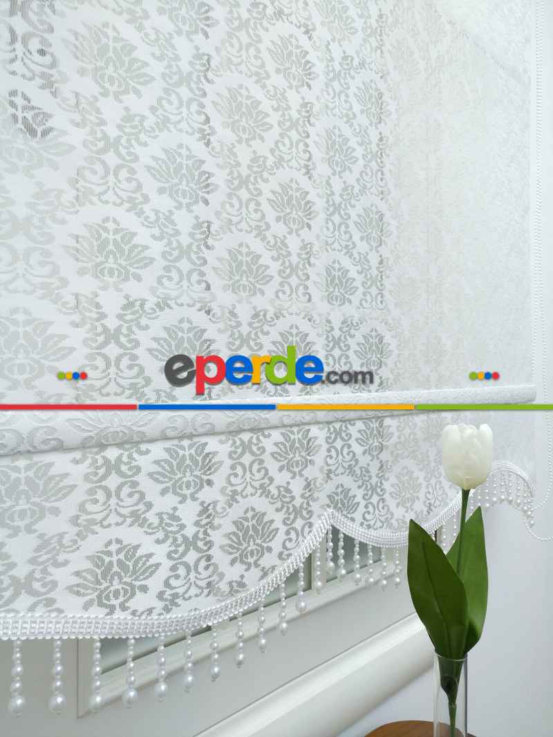 Jakar Örme Tül-alvina 801 Ekru Çiftli Sistem Dantel Desenli Perde- Beyaz