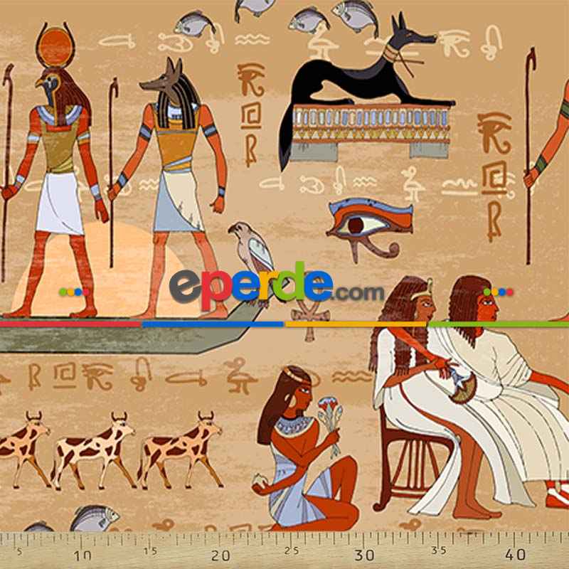 Antik Mısır Papirüs Desenli Fon Perde Evm593 Kumaşı Kalındır Duck Bezi Değildir- Siyah-Mavi-Beyaz
