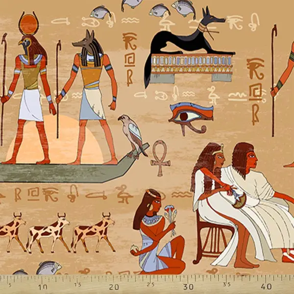 Antik Mısır Papirüs Desenli Fon Perde Evm593 Kumaşı Kalındır Duck Bezi Değildir- Siyah-Mavi-Beyaz