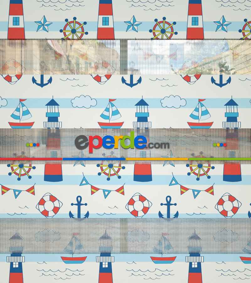 Bebek Odası Zebra Perde - Çapa Baskılı Zebra Perde- Mavi-Kırmızı-Beyaz