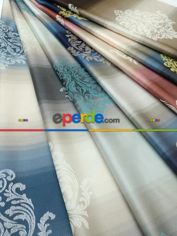 Renk Geçişli Jakar Desenli Salon Fon Perdesi - Pembe - Kiremit - Bej ( Kendinden Saçaklı)- Bej-pembe-kiremit Rengi