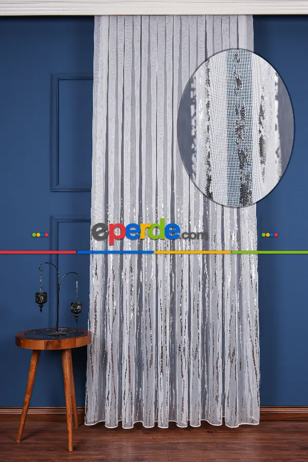 Salon Tül - Akarsu Dijital Baskı Tül Perde Ekru-gümüş