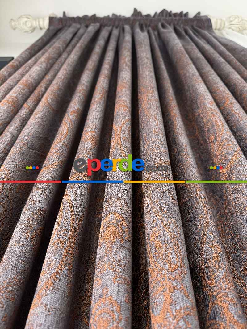 Yatak Odası - Mürdüm Kiremit Jakar Dokuma Fon Perde, Premium Seri Ağır Gramajlı