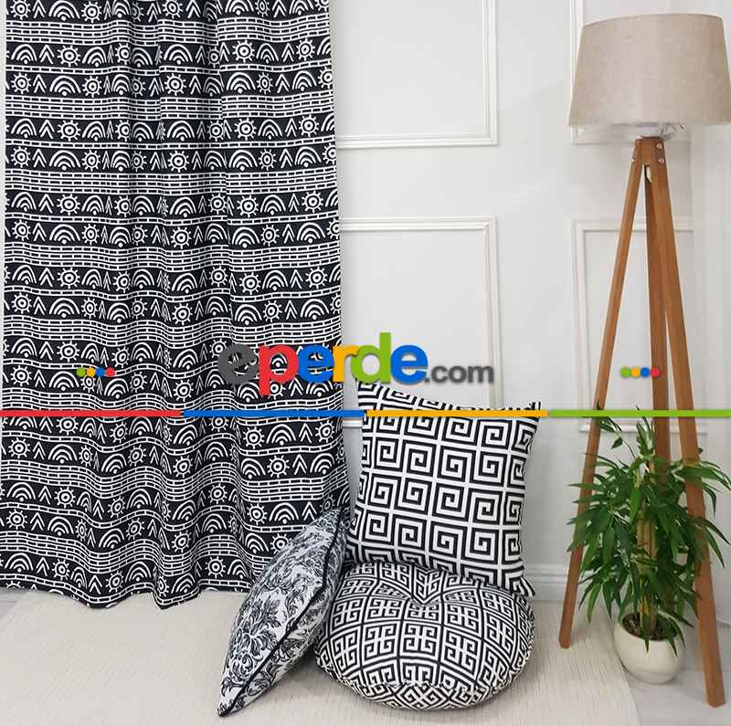 Etnik Desenli Fon Perde Evm1522 Kumaşı Kalındır Duck Bezi Değildir- Siyah