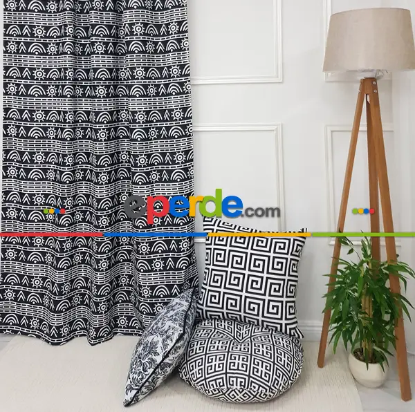 Etnik Desenli Fon Perde Evm1522 Kumaşı Kalındır Duck Bezi Değildir- Siyah