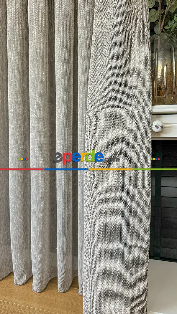 Salon - Gold Altın Keten Gümüş Simli Tül Perde - Ağır Gramajlı Premium