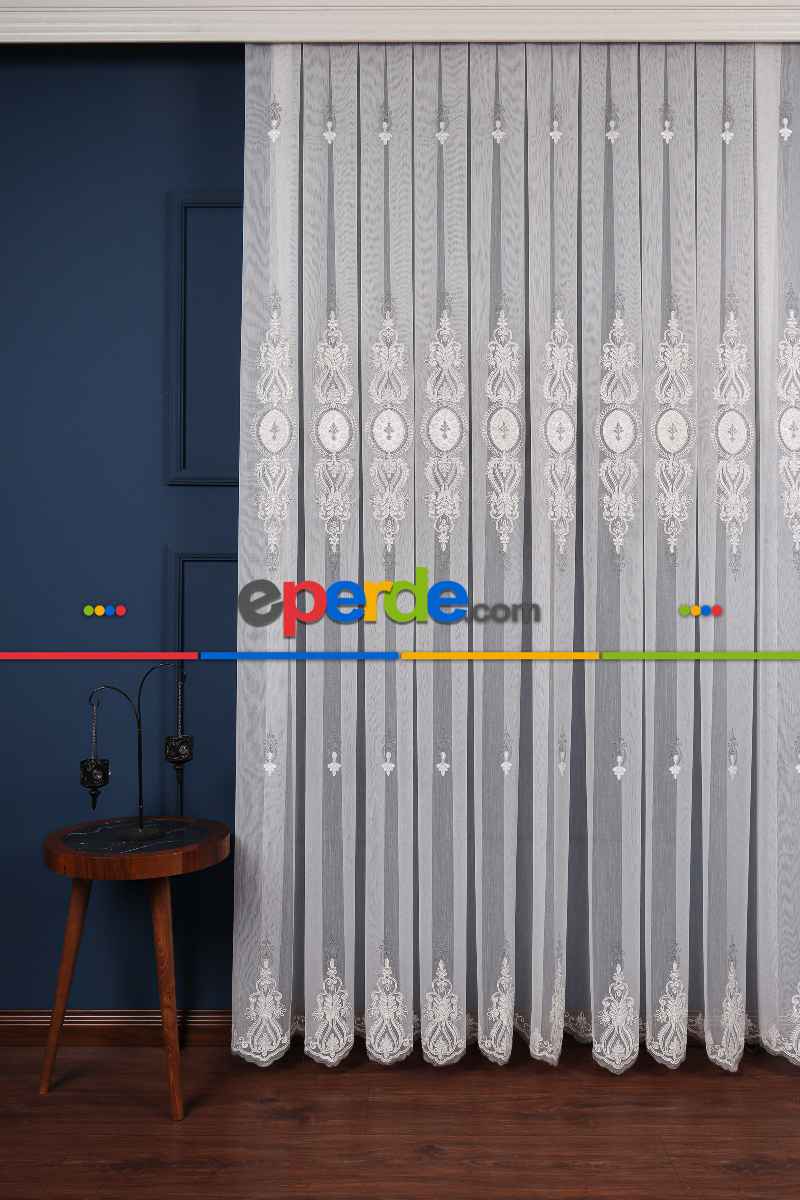 Salon Tül Modelleri - Avangart Ekru-gri Nakış İşlemeli Tül Perde