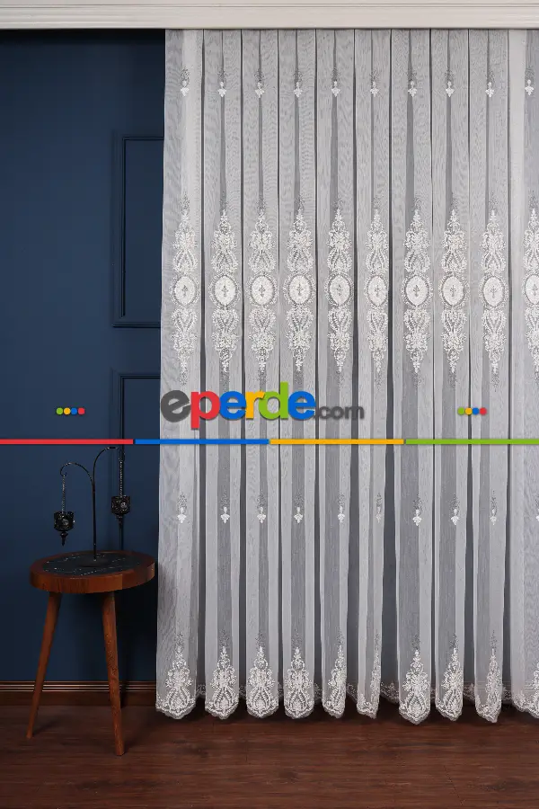 Salon Tül Modelleri - Avangart Ekru-gri Nakış İşlemeli Tül Perde
