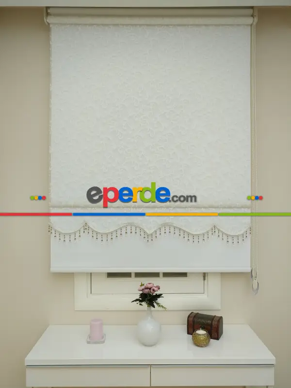 Yeni Sezon!! Çiftli Sistem Tül Stor Perde Ve Stor Perde- Şal Desen Ekru