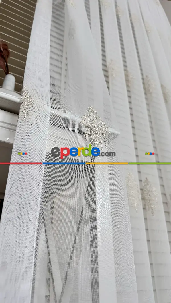 Ekru Altın Özel Dokuma, Özel İplik Brode İşlemeli Tül Perde - Ağır Gramajlı Premium Nakışlı