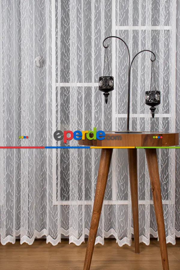 Salon - Kuru Dal Brode Tül Perde - Ekru