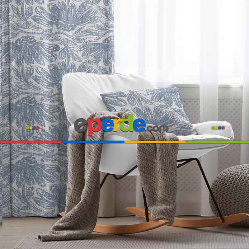 Salon Fon Perde Evim1607 Kumaşı Kalındır Duck Bezi Değildir- Mavi-beyaz