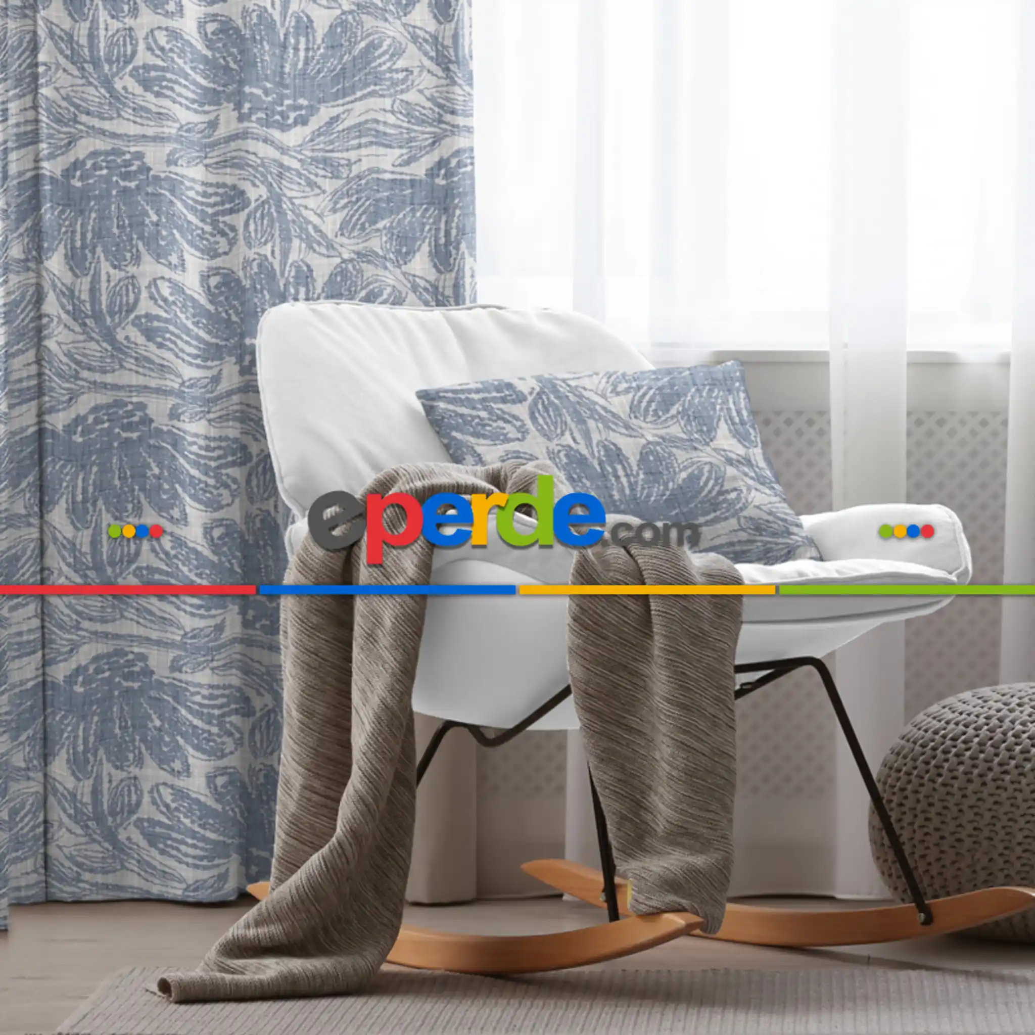 Salon Fon Perde Evim1607 Kumaşı Kalındır Duck Bezi Değildir- Mavi-beyaz