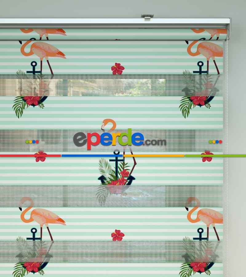 Flamingo Desenli Baskılı Zebra Perde- Çok Renkli