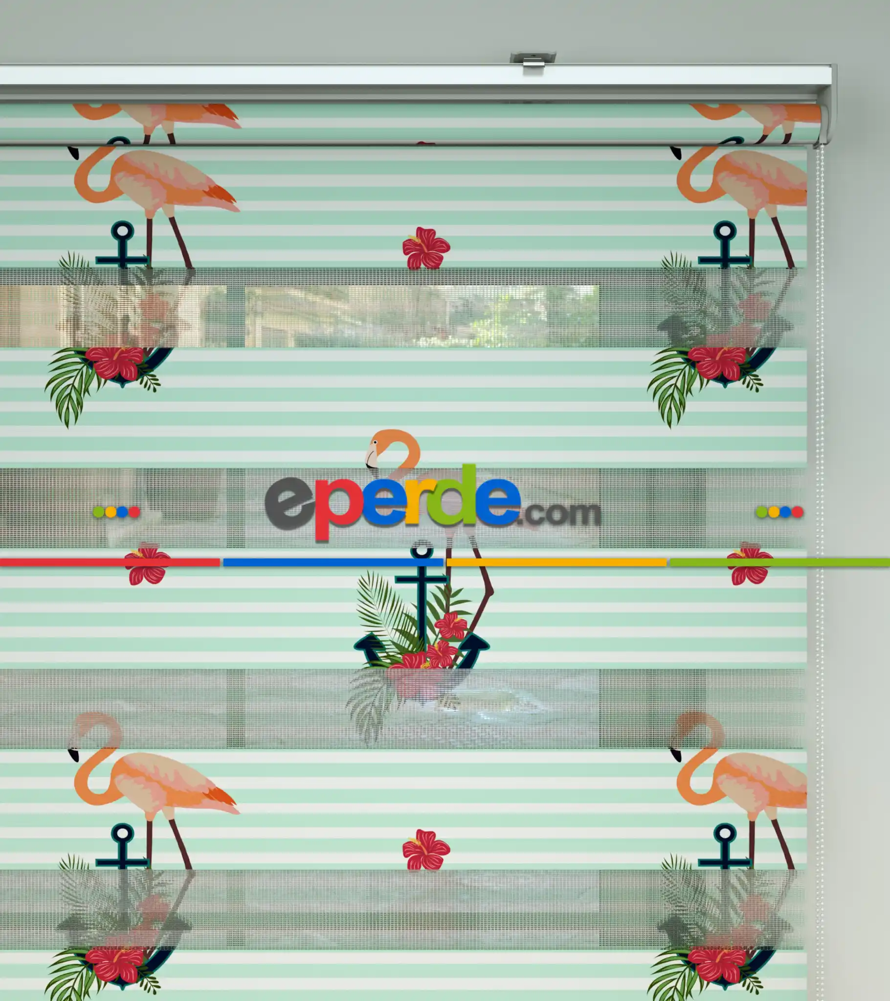 Flamingo Desenli Baskılı Zebra Perde- Çok Renkli