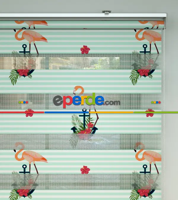 Flamingo Desenli Baskılı Zebra Perde- Çok Renkli