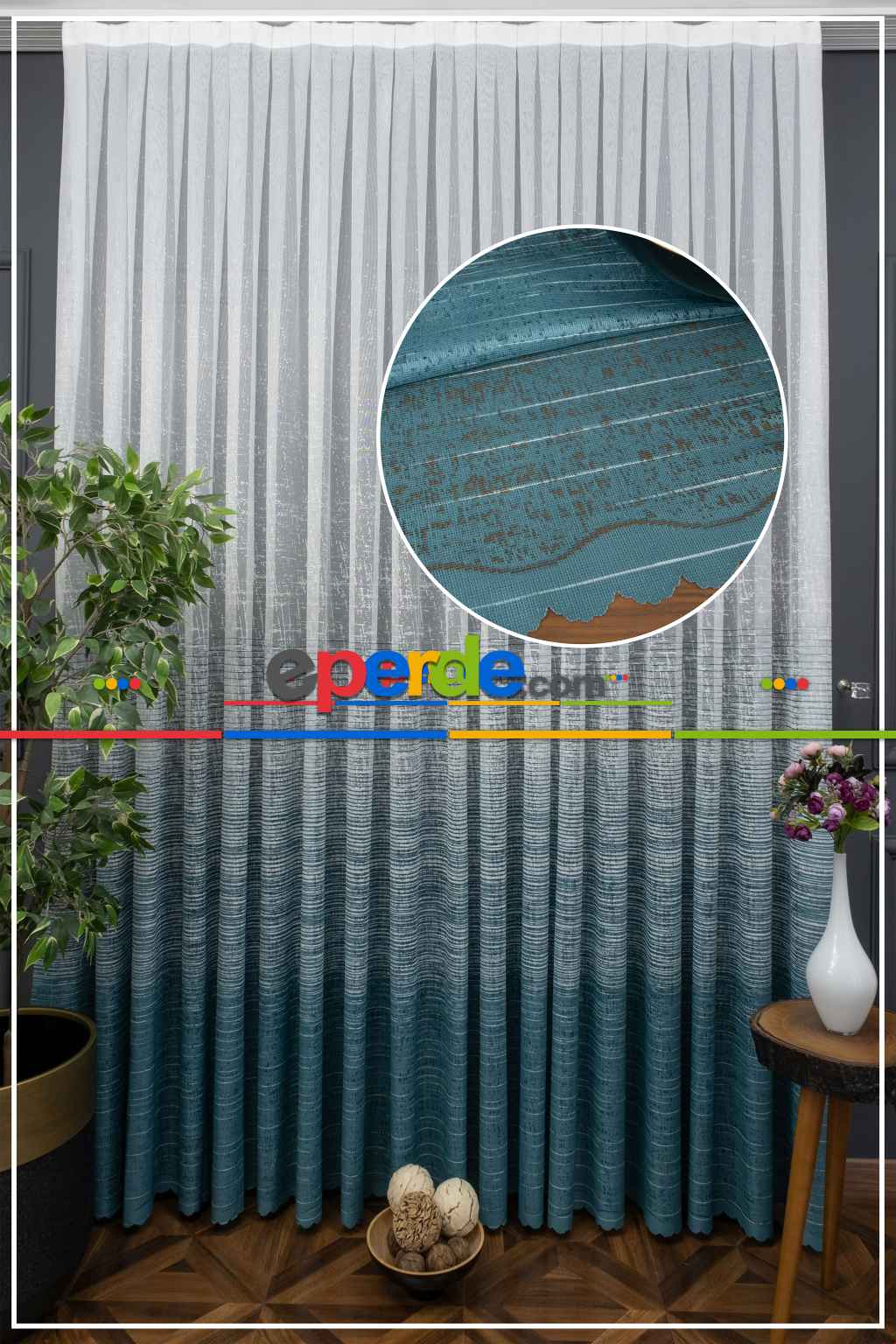 Hazır Ölçülü Fırsat Ürünü Modern Çizgili Örme Tül - Turkuaz ( Degrade Geçişli )