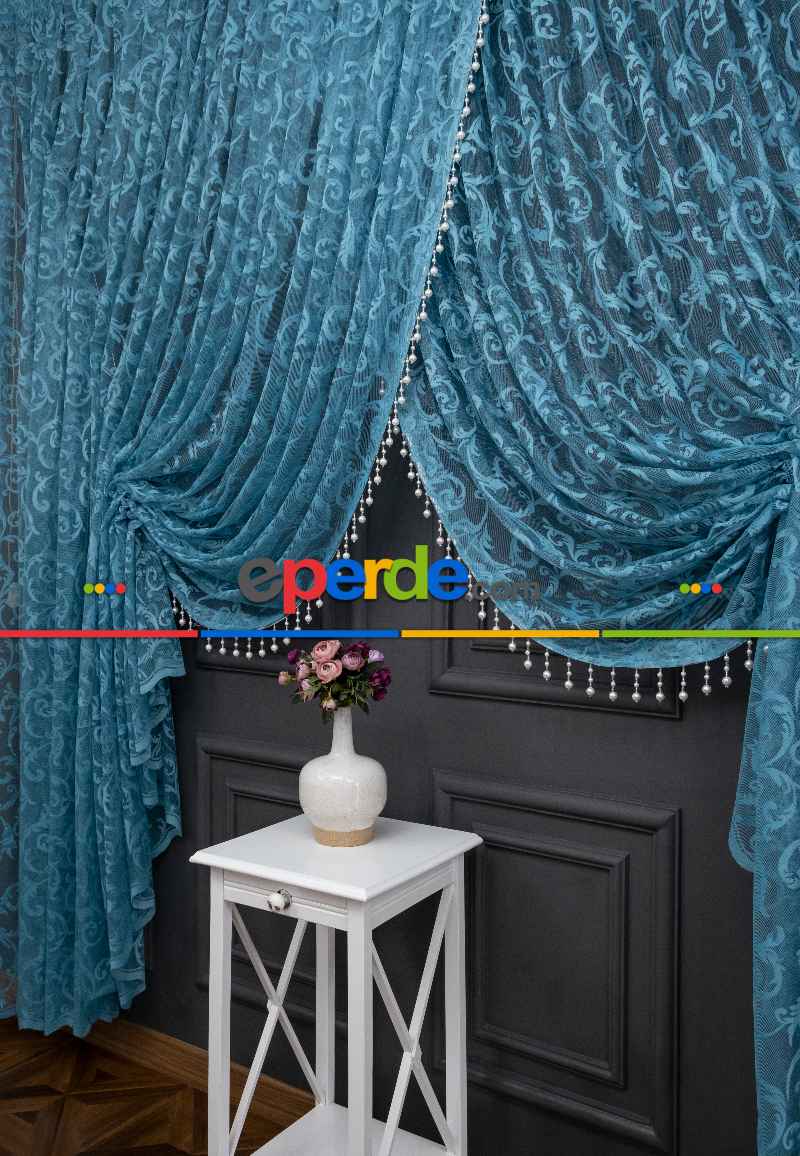 Petrol Mavi Sarmaşık Desen Tül Kruvaze Şal Tül Perde Yanki Tül - Düz Model Sipariş Seçeneği - Yatak Odası Tül