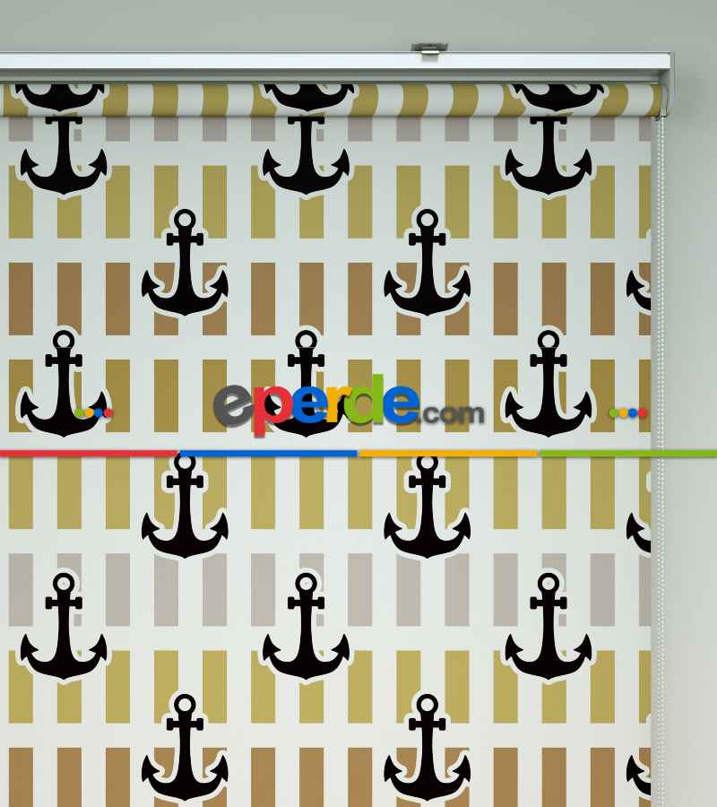 Çocuk Odası Stor Perde - Çapa Baskılı Stor Perde- Siyah-Mavi-Sarı-Beyaz