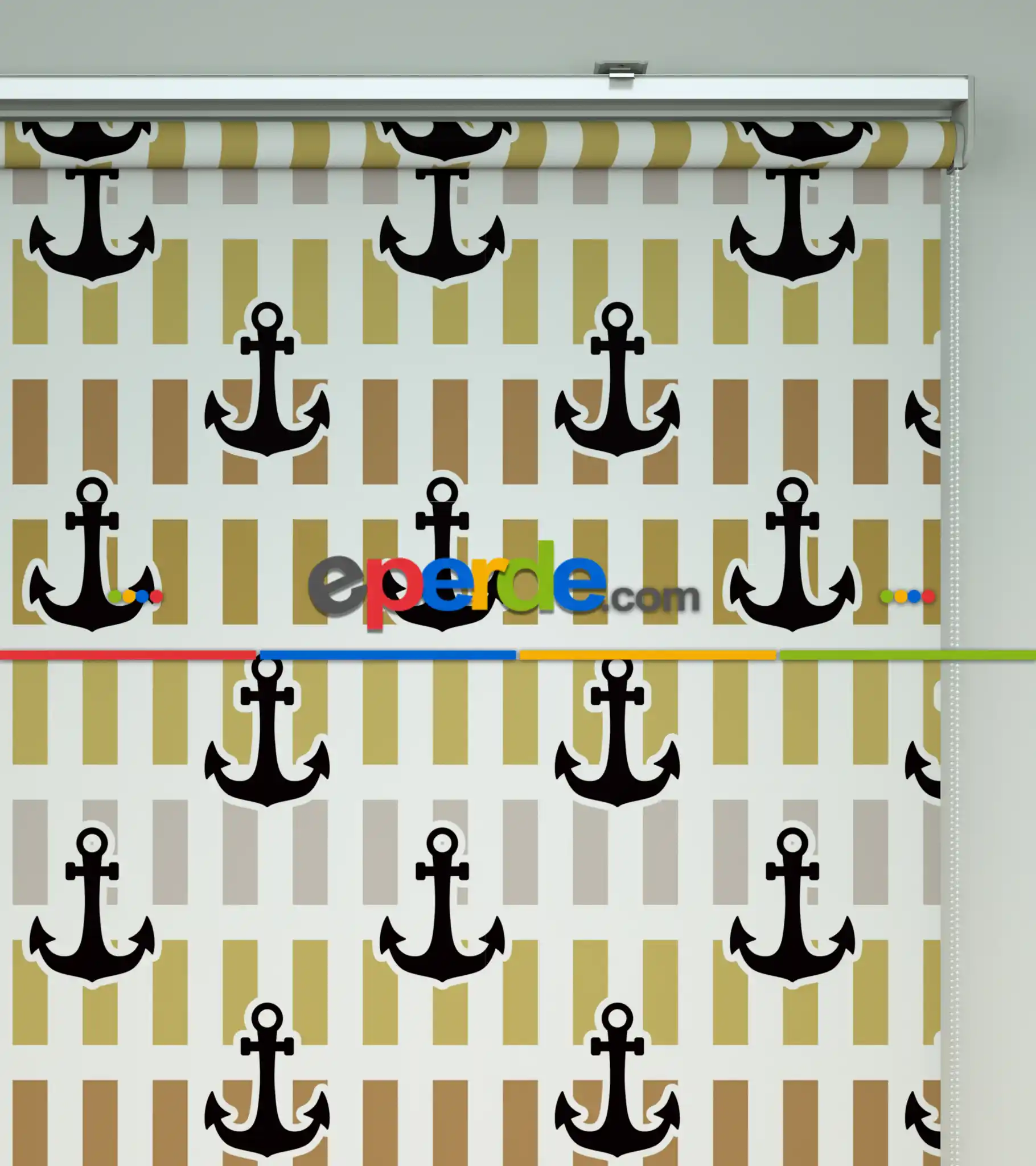 Çapa Baskılı Stor Perde- Siyah-mavi-sarı-beyaz