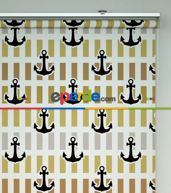 Çapa Baskılı Stor Perde- Siyah-mavi-sarı-beyaz