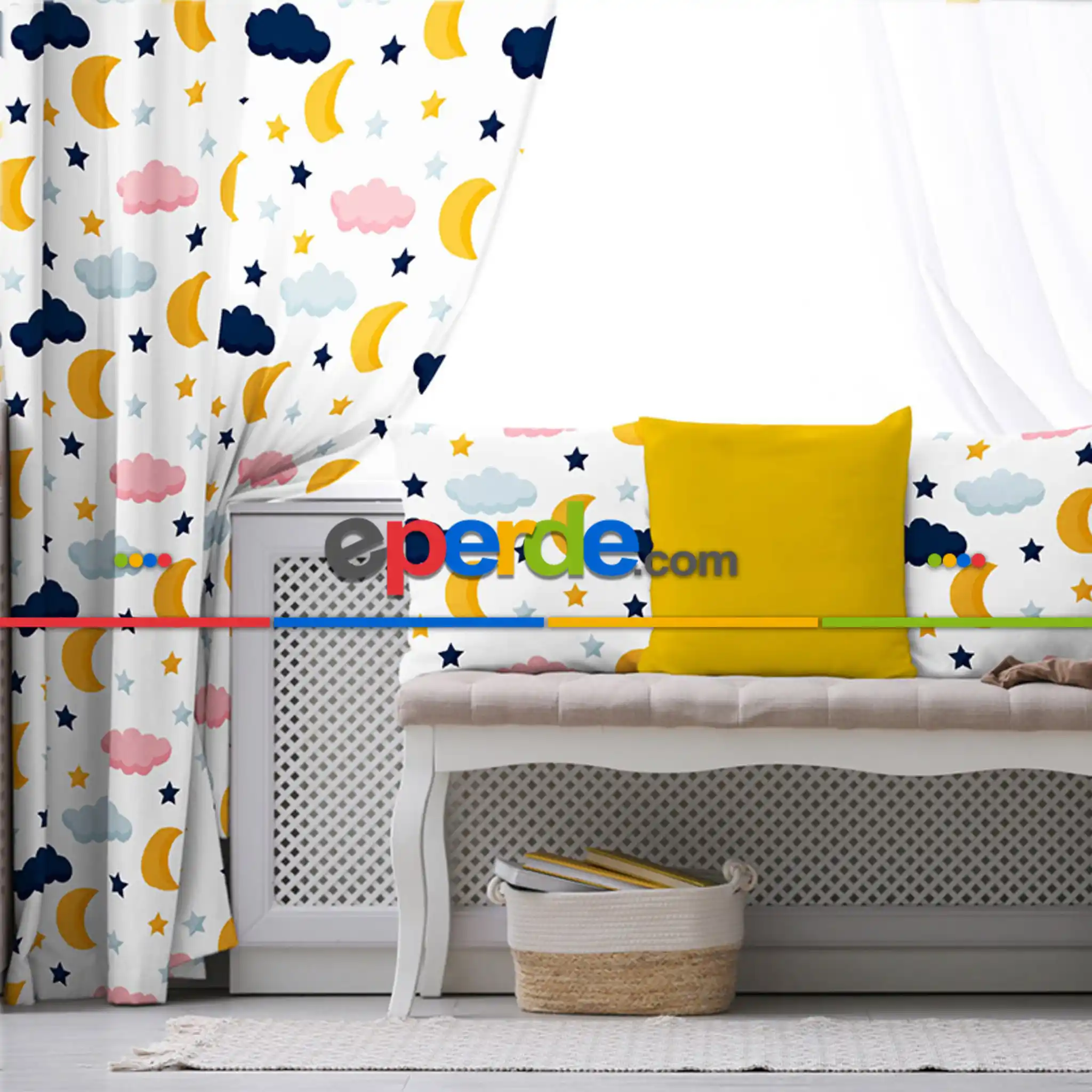 Çocuk Odası - Gökyüzü Bulut Desenli Fon Perde Evim835 Kumaşı Kalındır Duck Bezi Değildir- Mavi-beyaz