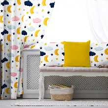 Çocuk Odası - Gökyüzü Bulut Desenli Fon Perde Evim835 Kumaşı Kalındır Duck Bezi Değildir- Mavi-beyaz