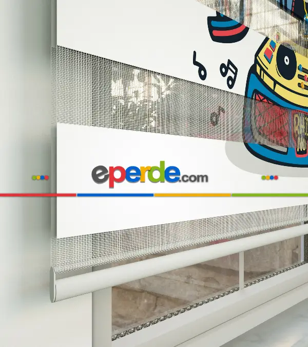 Dinazor Desenli Özel Baskılı Zebra Perde- Çok Renkli