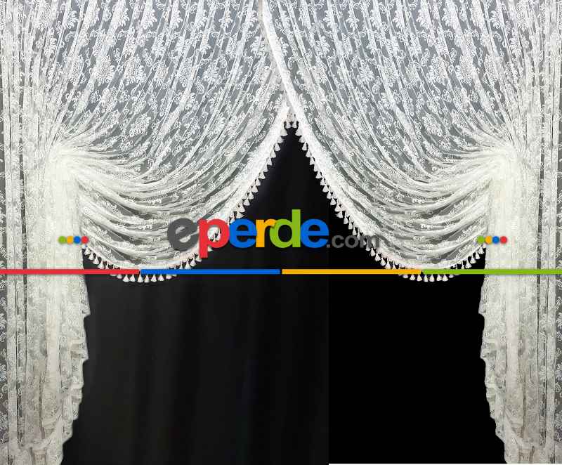 Saçaklı Kruvaze Modeleri Damask- Beyaz-ekru