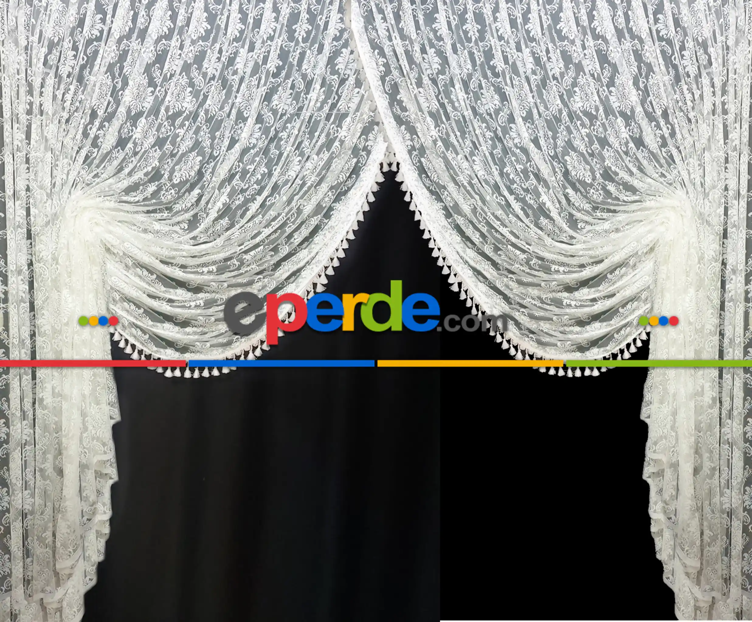 Salon Saçaklı Kruvaze Modeleri Damask- Beyaz-Ekru