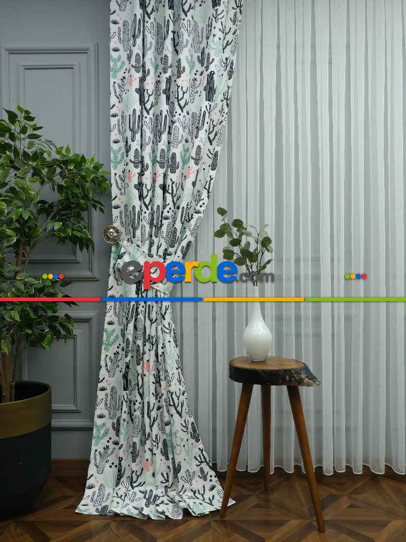 Kaktüs Desenli Fon Perde Evm694 Kumaşı Kalındır Duck Bezi Değildir- Siyah-Beyaz