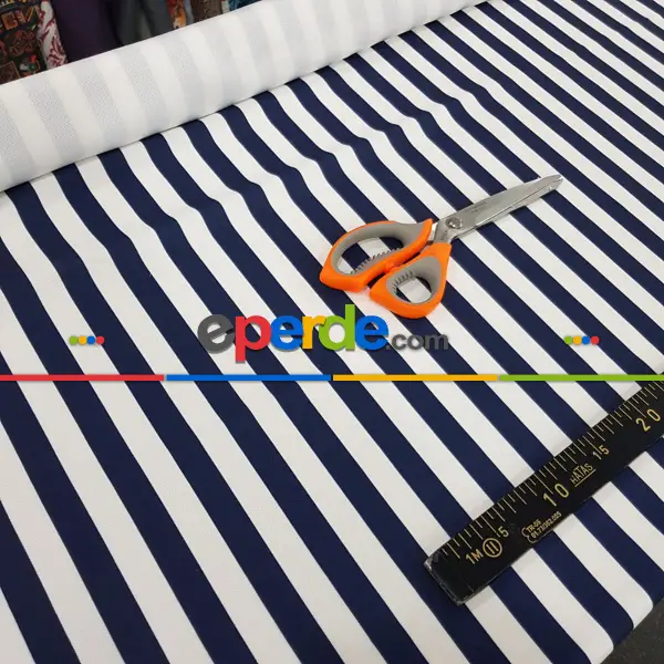 Lacivert Beyaz Çizgi Desenli Fon Perde Evm1137 Kumaşı Kalındır Duck Bezi Değildir- Lacivert-Beyaz