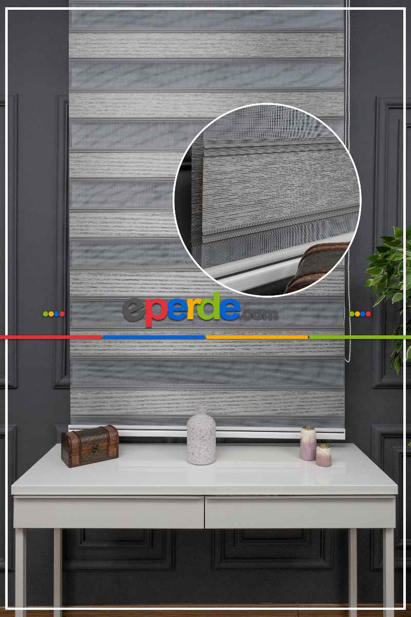 Oturma Odası - Gri Zebra Perde - Yarım Plise - Geniş Pileli Zebra Perde