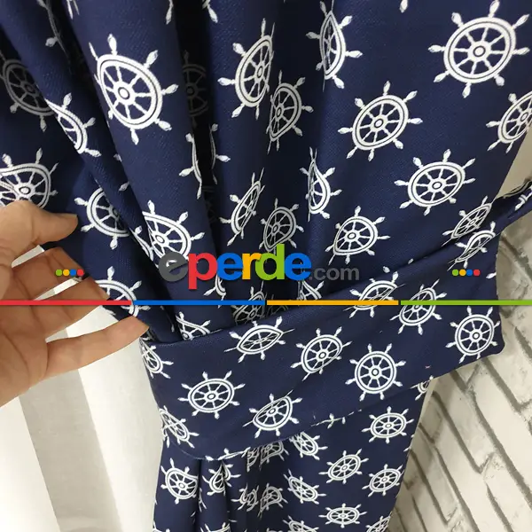 Bebek Odası - Marin Serisi Dümen Desenli Fon Perde Evm1512-6 Kumaşı Kalındır Duck Bezi Değildir- Lacivert