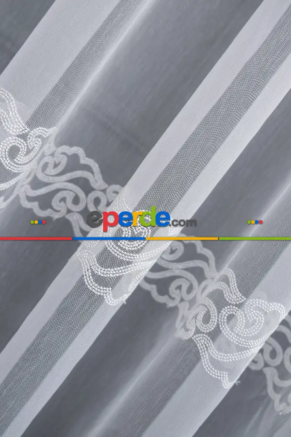 Hafif Keten Zemin Etek Ucu Desenli Tül Perde - Ütü İstemez - Ekru Kırık Beyaz Açık Krem - Modern Bantlı