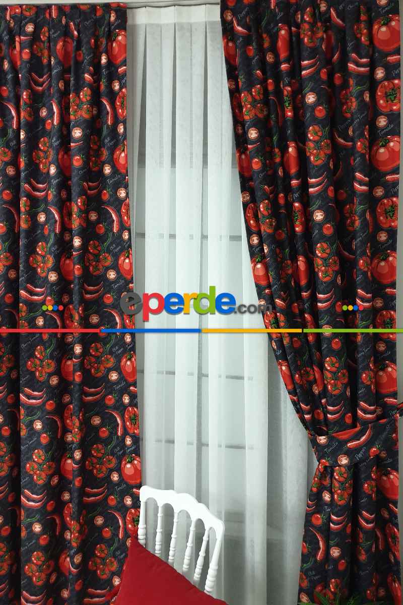 Mutfak Perdesi Kanat Fon Perde Dometes Biber Desenli- Siyah
