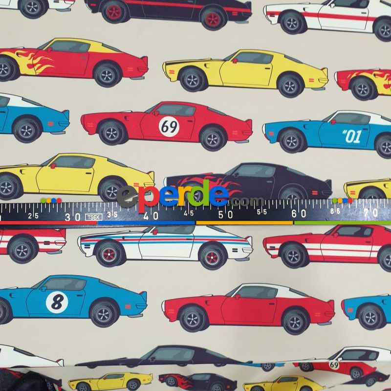 Popart Araba Desenli Fon Perde Evm1063 Kumaşı Kalındır Duck Bezi Değildir- Siyah-Kırmızı-Sarı-Beyaz