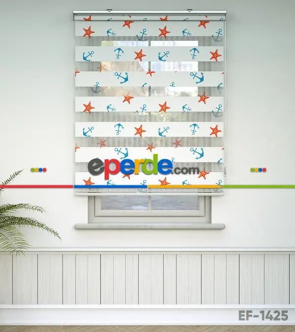 Çocuk Odası Zebra Perde - Çapa Ve Deniz Yıldızı Baskılı Zebra Perde- Çok Renkli