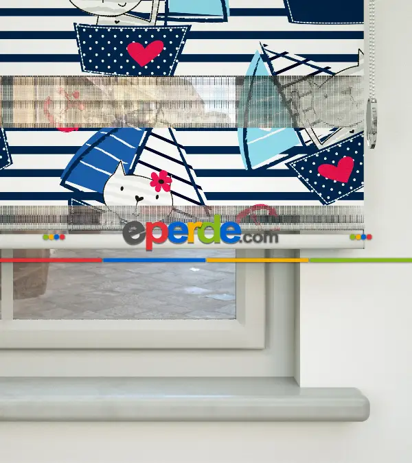 Bebek Odası Zebra -  Denizci Desenli Baskılı Zebra Perde- Çok Renkli