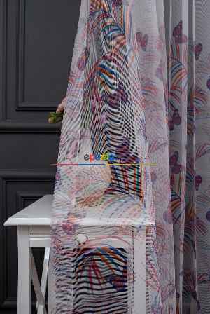 Hazır Ölçülü Petek Zemin Mor Turuncu Ve Mavi Renkli Yaprak - Kelebek Desenli Grek Baskılı Tül Perde