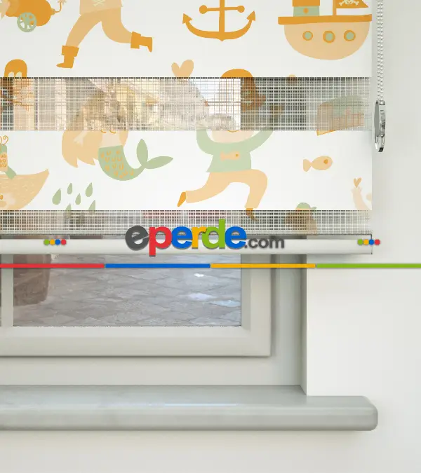 Korsan Baskılı Zebra Perde- Sarı-beyaz-yeşil Sarı Turuncu