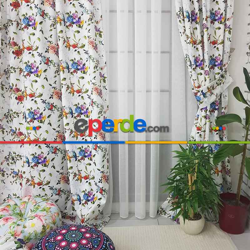 Çiçek Desenli Fon Perde Evm1059 Kumaşı Kalındır Duck Bezi Değildir- Yeşil-Kırmızı-Pembe Koyu