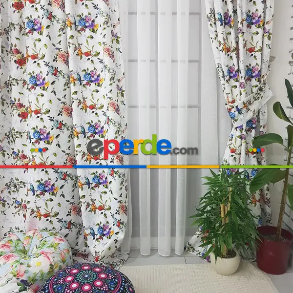 Yatak Odası - Çiçek Desenli Fon Perde Evm1059 Kumaşı Kalındır Duck Bezi Değildir- Yeşil-Kırmızı-Pembe Koyu