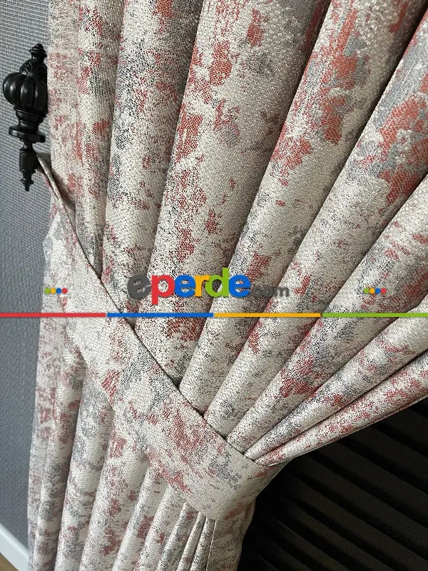 Yatak Odası - Bej Kiremit Desenli Jakar Fon Perde - Gri-füme-antrasit-kiremit Rengi