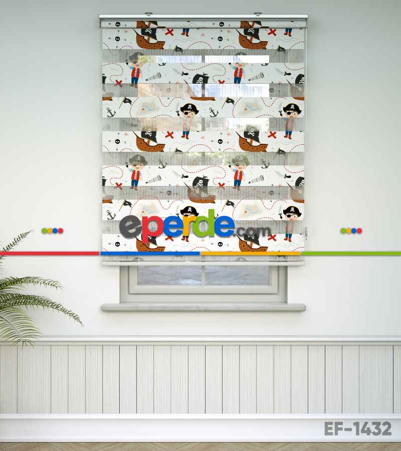 Bebek Odası Zebra Perde - Korsan Desen Baskılı Zebra Perde- Çok Renkli