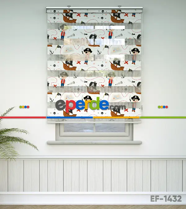 Bebek Odası Zebra Perde - Korsan Desen Baskılı Zebra Perde- Çok Renkli