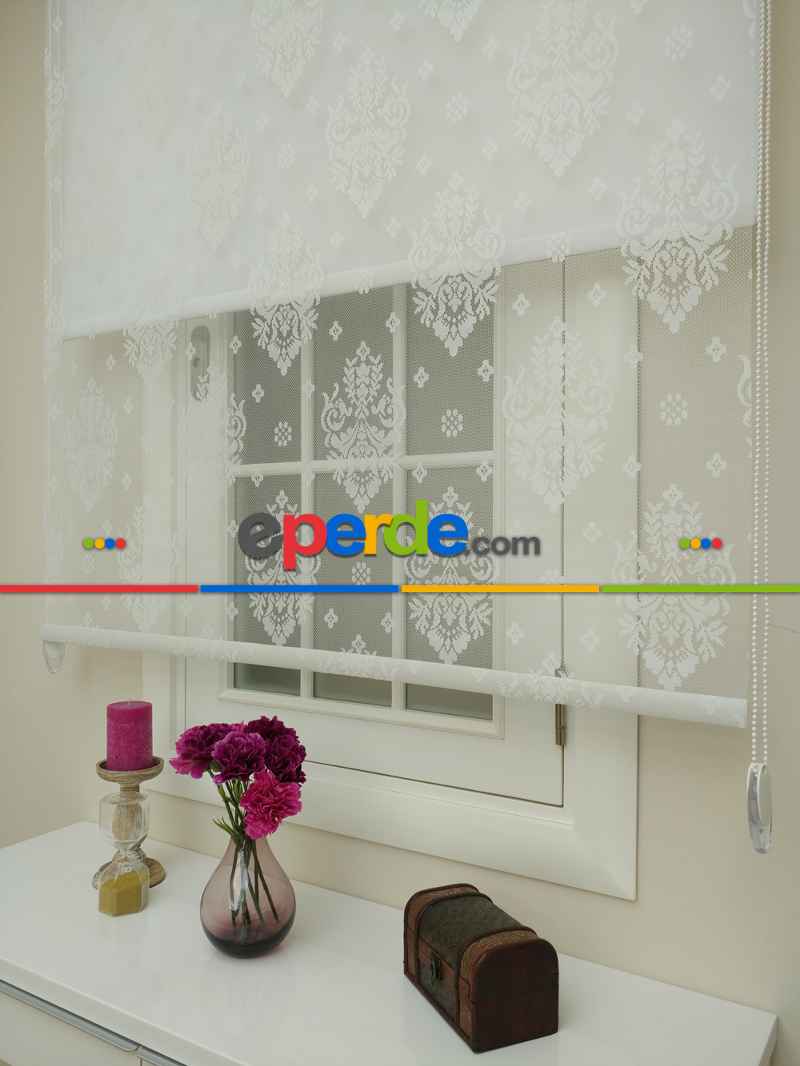 Jakar Örme Tül- Ekru Çiftli Sistem Dantel Desenli Perde- Ekru